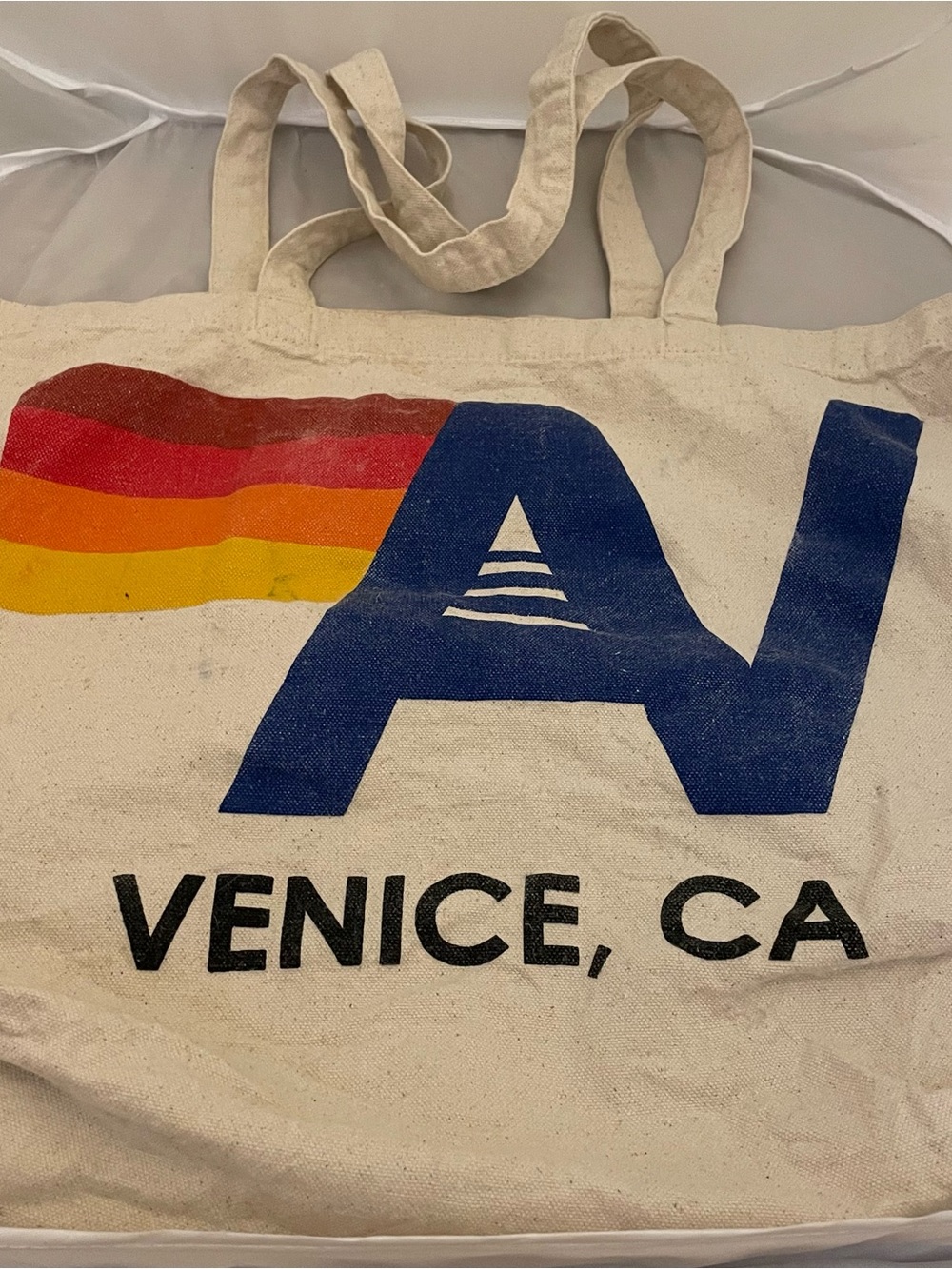 Venice, CA Canvas Tote in Natural with Blue and Multi-color Graphic